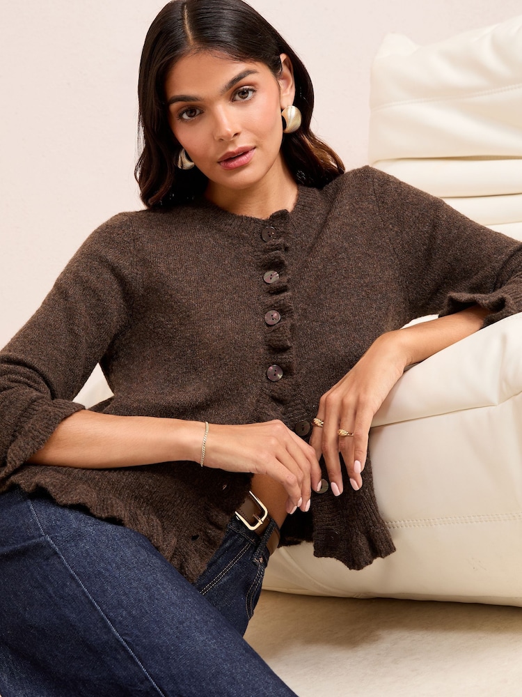 Friends Like These Brown Petite Ruffle Detail Cardigan - Image 2 of 4 Friends Like These Brown Petite Ruffle Detail Cardigan - Image 2 of 4
