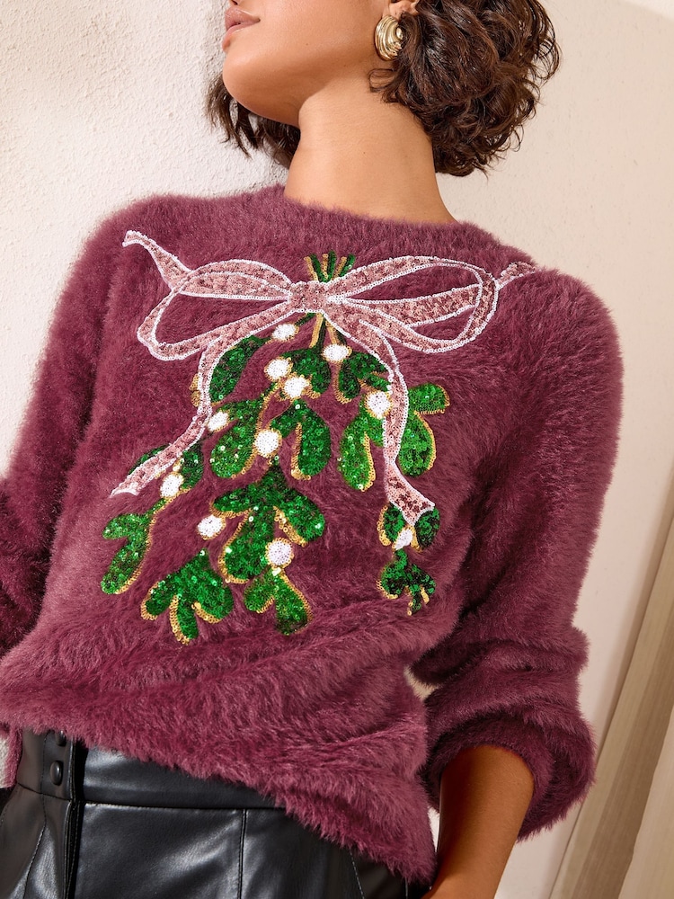 Friends Like These Burgundy Mistletoe Petite Eyelash Christmas Jumper - Image 2 of 4 Friends Like These Burgundy Mistletoe Petite Eyelash Christmas Jumper - Image 2 of 4