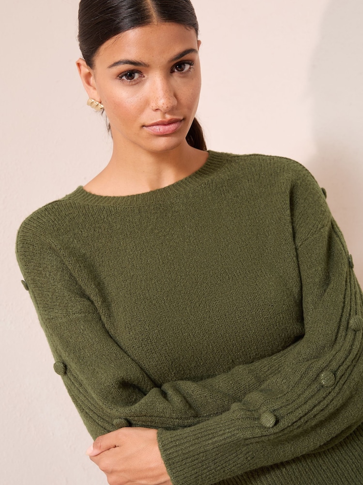 Friends Like These Olive Green Button Sleeve Detail Jumper - Image 2 of 5 Friends Like These Olive Green Button Sleeve Detail Jumper - Image 2 of 5