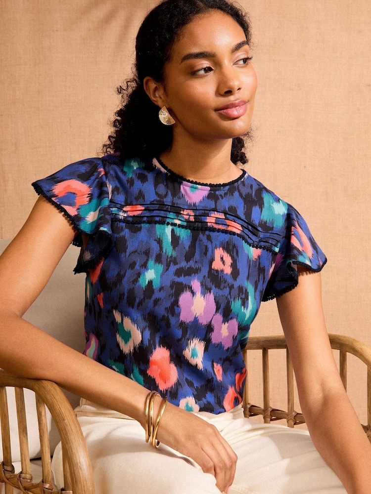 Love & Roses Cobalt Blue Animal Printed Short Sleeve Shell Top - Image 1 of 4 Love & Roses Cobalt Blue Animal Printed Short Sleeve Shell Top - Image 1 of 4
