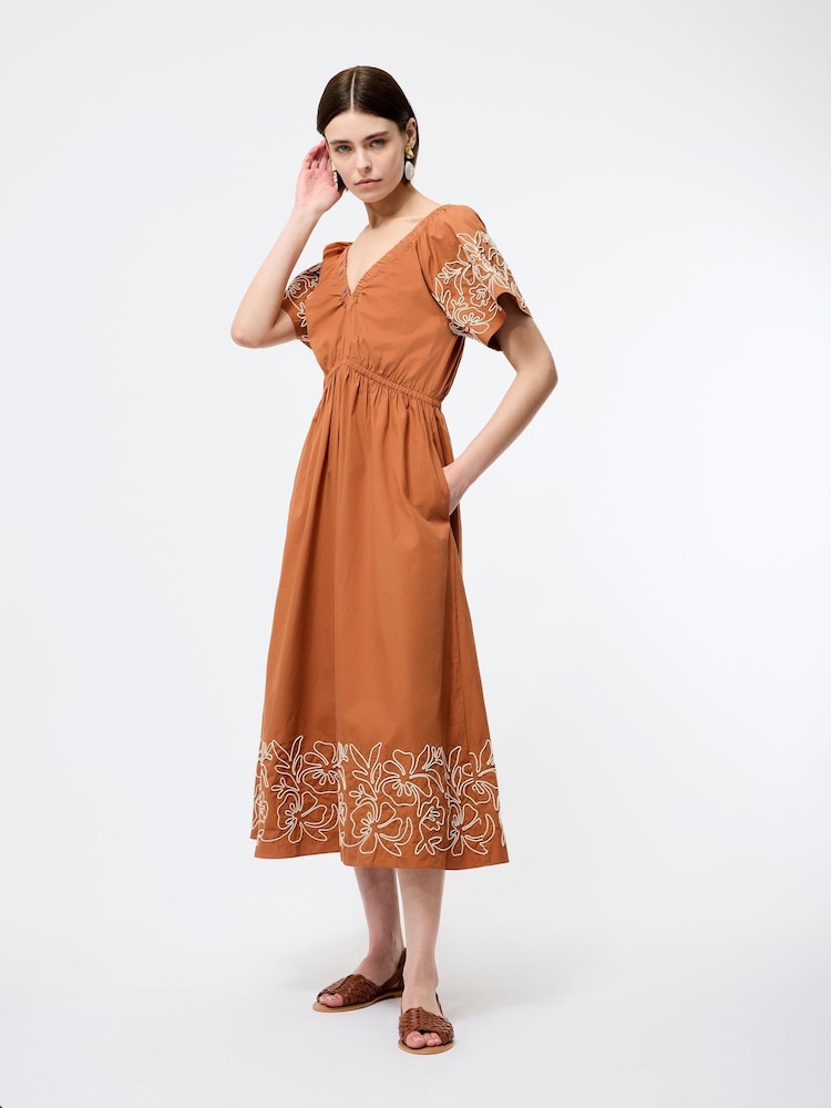 French Connection Brown Cambria Cotton Embroidered Dress - Image 1 of 4