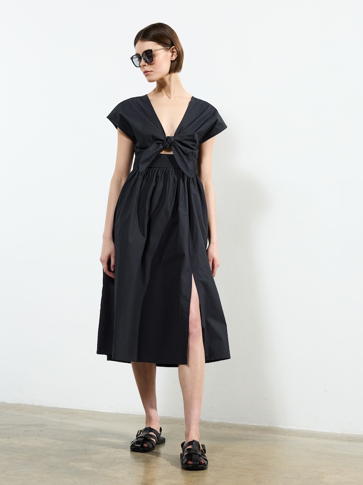 French Connection Blue Barletta Poplin Tie Midi 100% Cotton Dress - Image 1 of 4