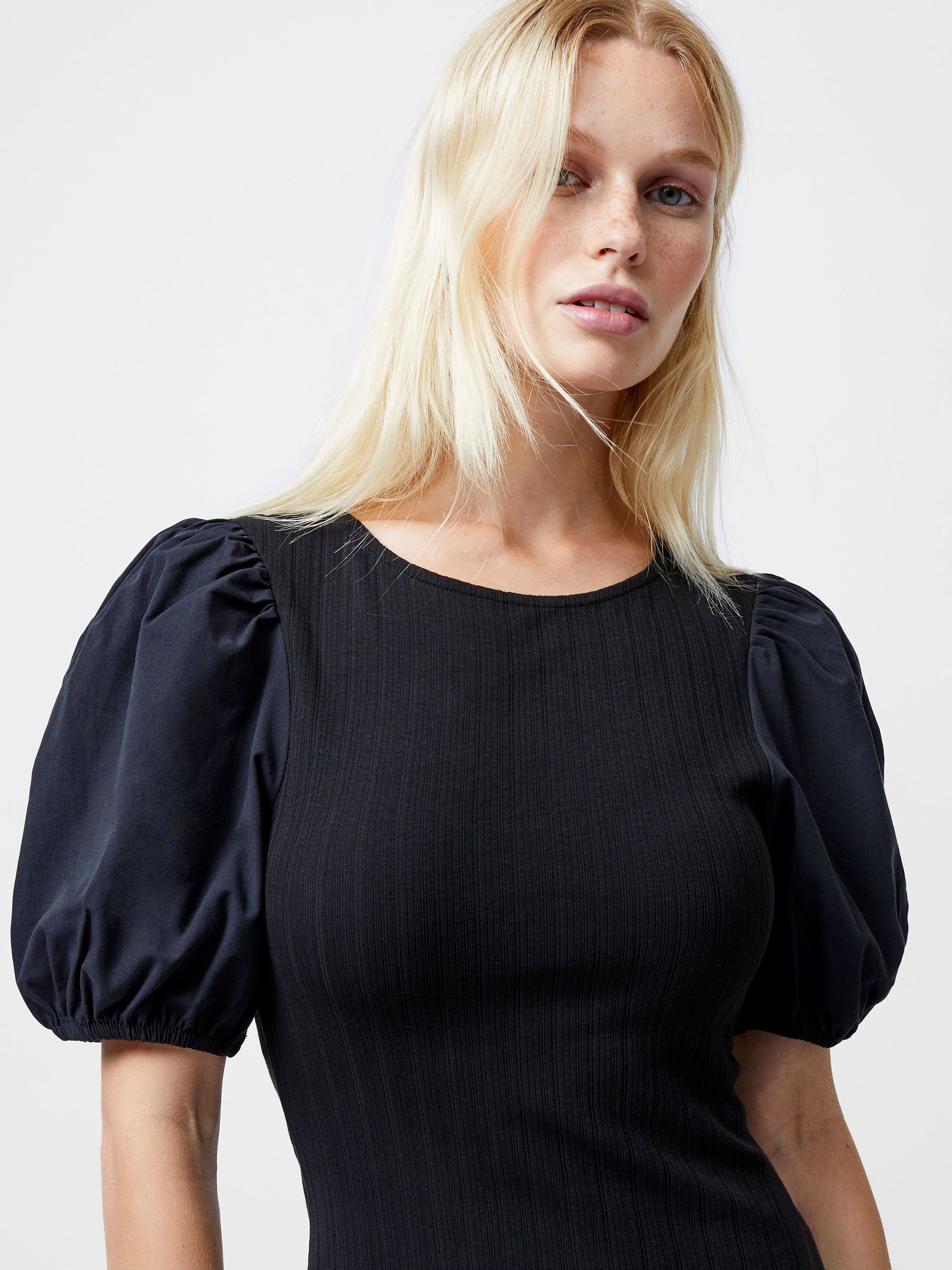 Buy French Connection Black Sasia Rib Puff Midi Dress from the