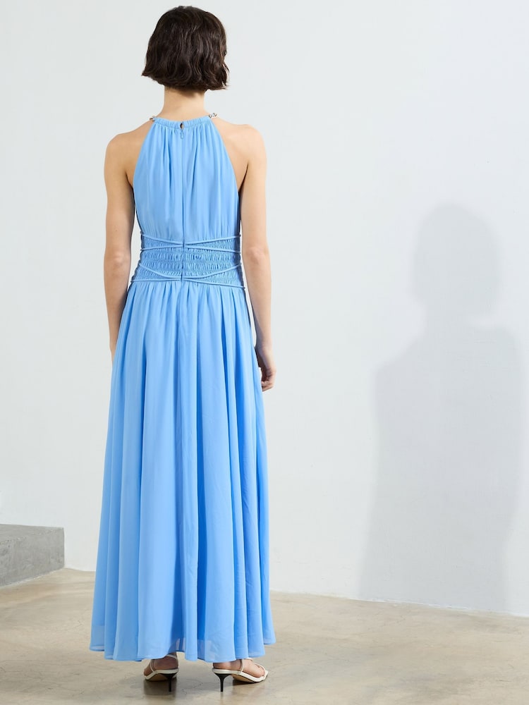 French Connection Blue Eden Georgette Halterneck Dress - Image 2 of 4