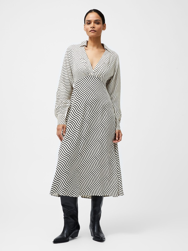 French Connection Grey Candice Satin Stripe Midi Dress - Image 1 of 4
