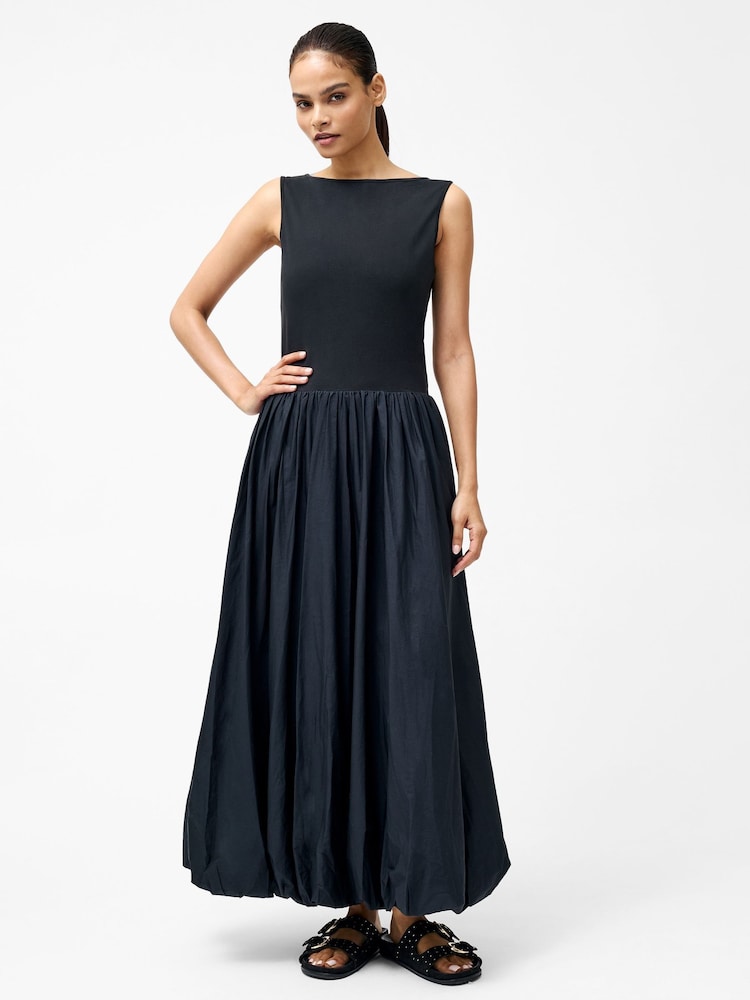 French Connection Black 100% Cotton Phoebe Jersey Mix Bubble Hem Midi Dress - Image 1 of 4