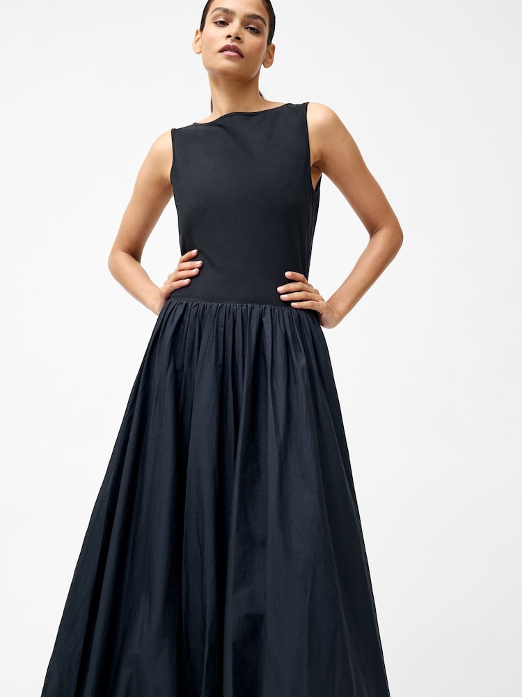 French Connection Black 100% Cotton Phoebe Jersey Mix Bubble Hem Midi Dress - Image 3 of 4