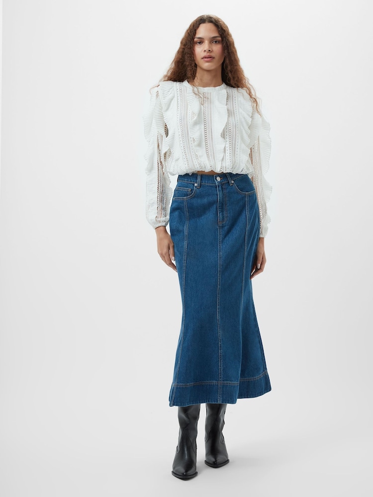 French Connection Blue 100% Cotton Finley Denim Flare Midi Skirt - Image 1 of 4