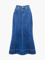 French Connection Blue 100% Cotton Finley Denim Flare Midi Skirt - Image 4 of 4