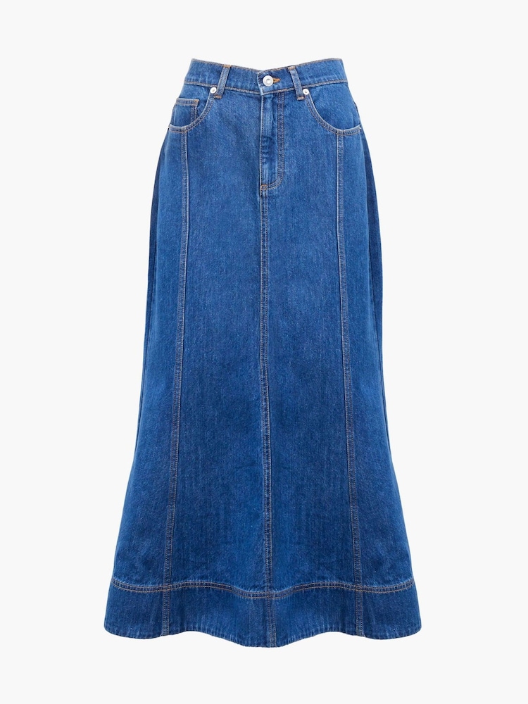 French Connection Blue 100% Cotton Finley Denim Flare Midi Skirt - Image 4 of 4