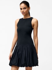 French Connection Black 100% Cotton Phoebe Jersey Mix Bubble Hem Mini Dress - Image 3 of 4