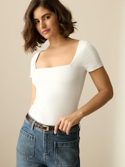 White Soft Touch Square Neck Short Sleeve Top - Image 9 of 10