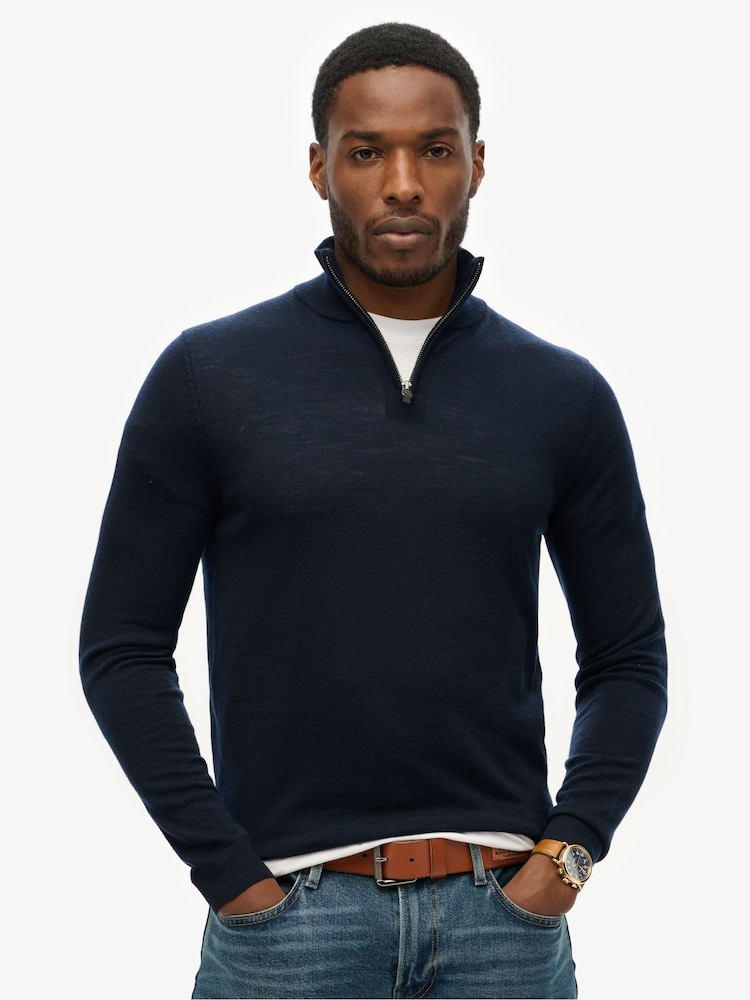 Superdry Blue Merino Half Zip Jumper - Image 1 of 3