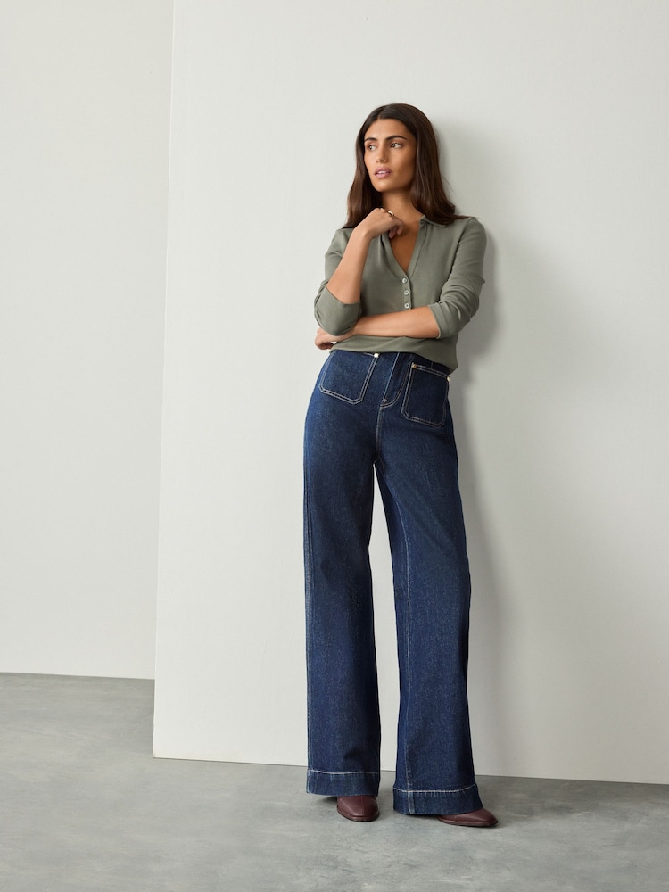 Rinse Blue High Rise Patch Pocket Comfort Stretch Wide Leg Jeans - Image 2 of 3 Rinse Blue High Rise Patch Pocket Comfort Stretch Wide Leg Jeans - Image 2 of 3