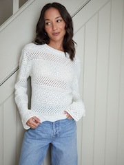Threadbare White Long Sleeve Pointelle Crochet Knit Jumper - Image 1 of 4