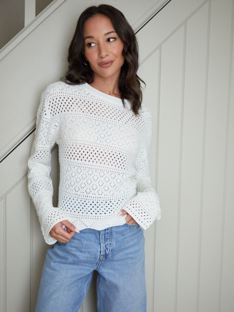 Threadbare White Long Sleeve Pointelle Crochet Knit Jumper - Image 1 of 4