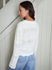 Threadbare White Long Sleeve Pointelle Crochet Knit Jumper - Image 2 of 4