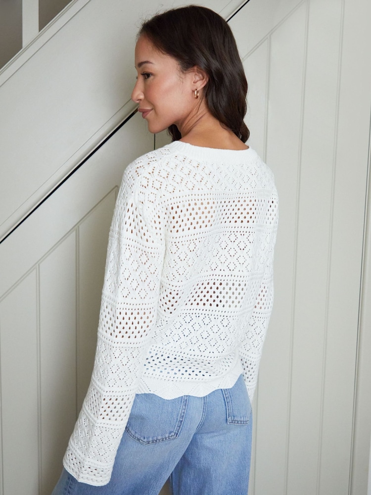 Threadbare White Long Sleeve Pointelle Crochet Knit Jumper - Image 2 of 4