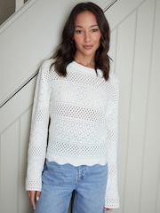 Threadbare White Long Sleeve Pointelle Crochet Knit Jumper - Image 3 of 4