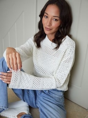 Threadbare White Long Sleeve Pointelle Crochet Knit Jumper - Image 4 of 4