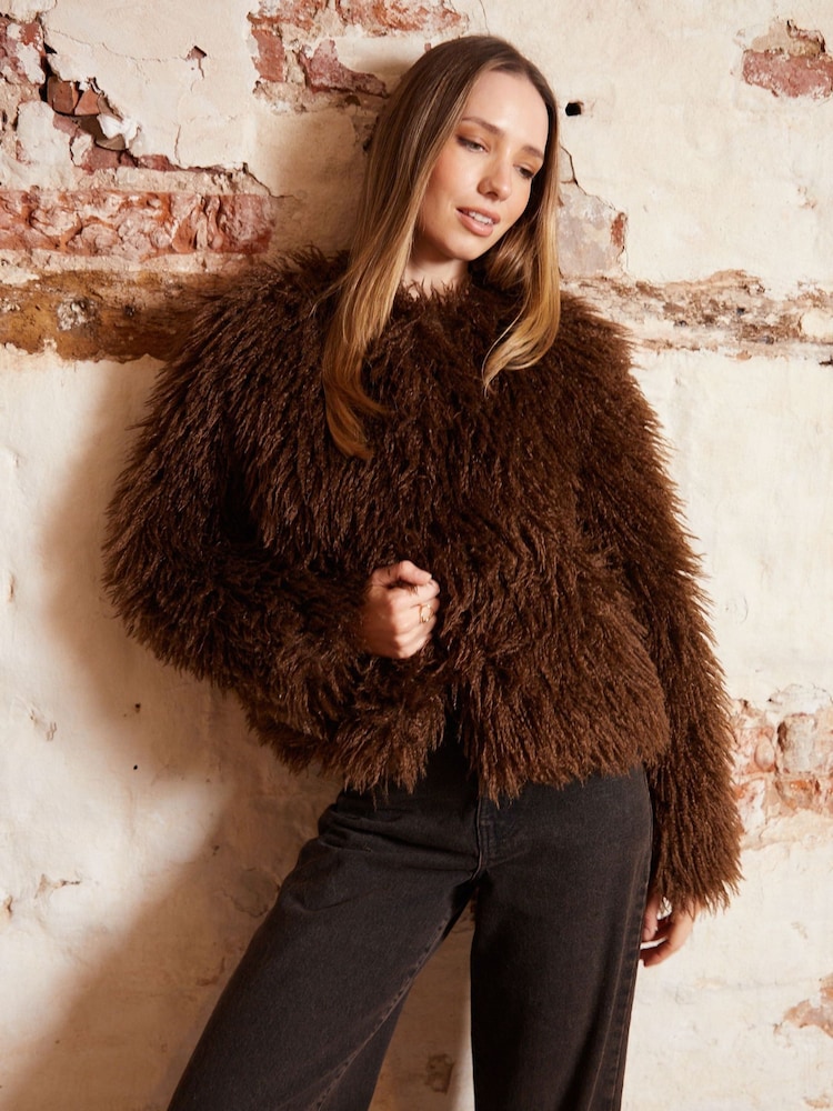 Threadbare Chocolate Brown Mongolian Faux Fur Coat - Image 4 of 5