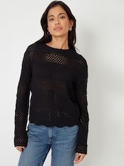 Threadbare Black Long Sleeve Pointelle Crochet Knit Jumper - Image 1 of 4