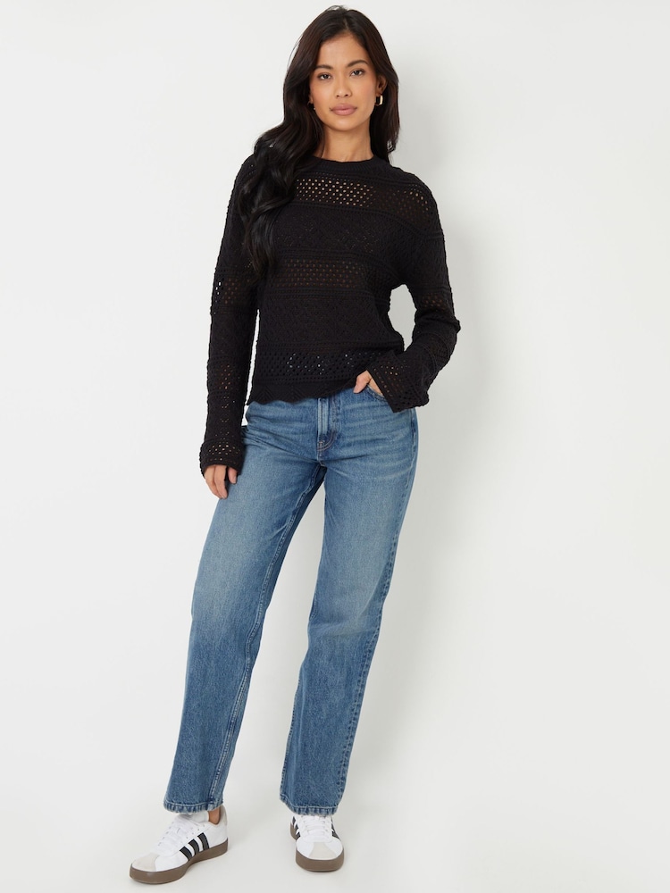 Threadbare Black Long Sleeve Pointelle Crochet Knit Jumper - Image 3 of 4