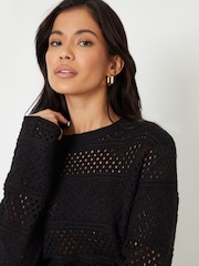Threadbare Black Long Sleeve Pointelle Crochet Knit Jumper - Image 4 of 4