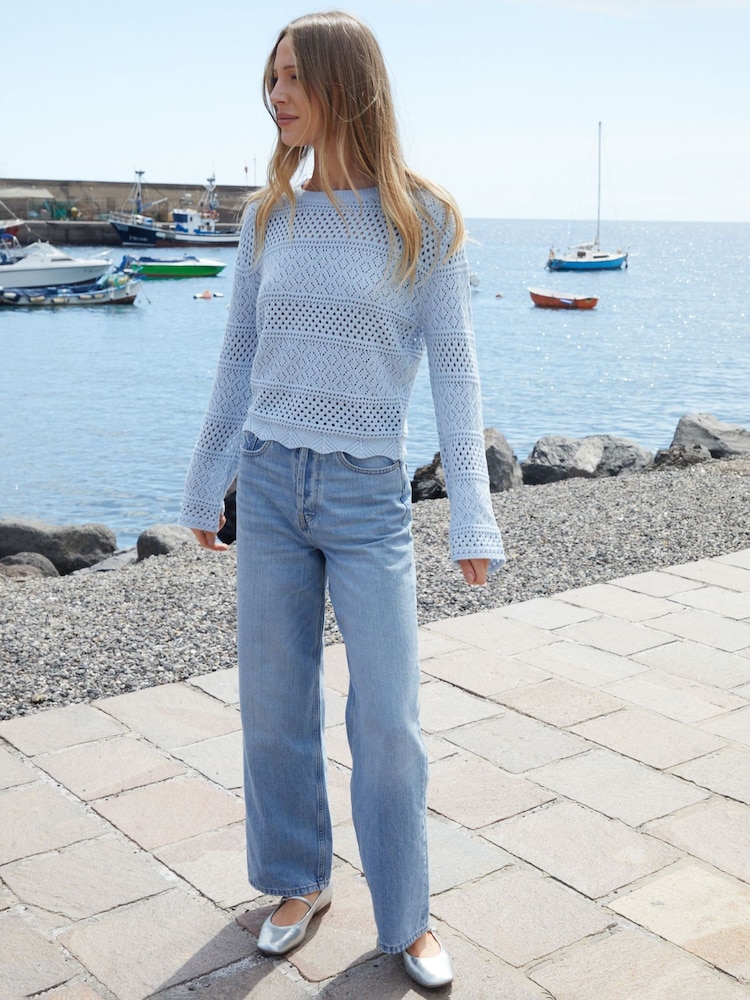 Threadbare Blue Long Sleeve Pointelle Crochet Knit Jumper - Image 3 of 4