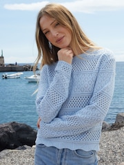 Threadbare Blue Long Sleeve Pointelle Crochet Knit Jumper - Image 4 of 4