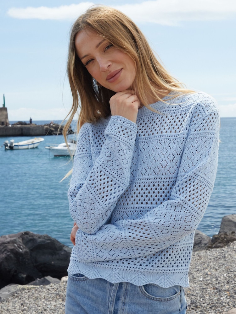 Threadbare Blue Long Sleeve Pointelle Crochet Knit Jumper - Image 4 of 4