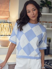 Threadbare Blue 100% Cotton Argyle Short Sleeve Knitted T-Shirt - Image 1 of 4