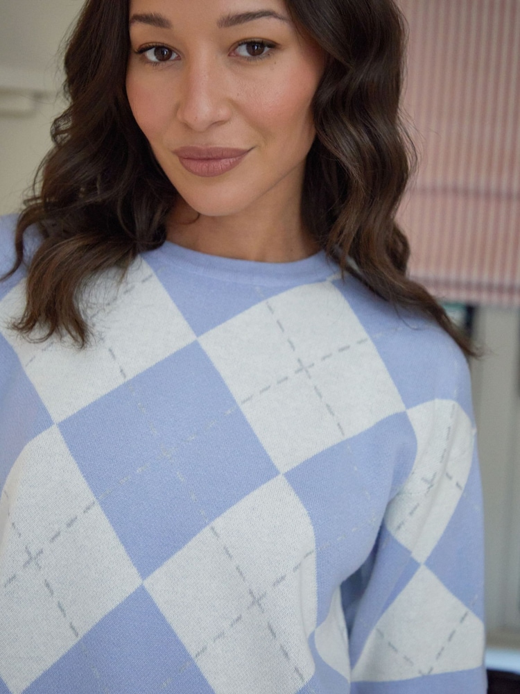 Threadbare Blue 100% Cotton Argyle Short Sleeve Knitted T-Shirt - Image 3 of 4