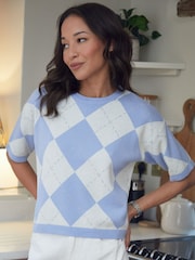 Threadbare Blue 100% Cotton Argyle Short Sleeve Knitted T-Shirt - Image 4 of 4