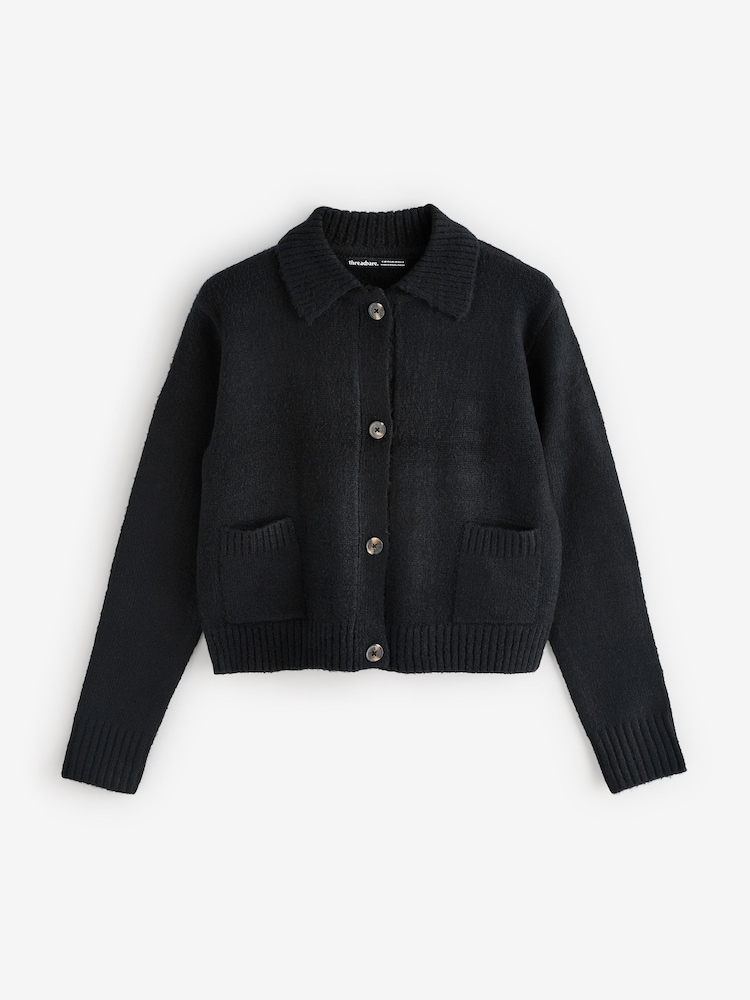 Threadbare Black Collared Boxy Knitted Cardigan - Image 5 of 5