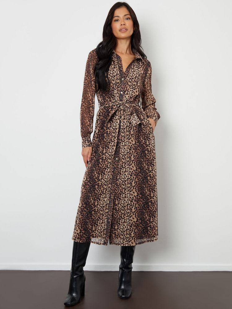 Threadbare Animal Print Chiffon Belted Maxi Shirt Dress - Image 1 of 5