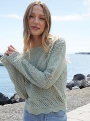 Threadbare Green Long Sleeve Pointelle Crochet Knit Jumper - Image 1 of 4