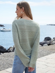 Threadbare Green Long Sleeve Pointelle Crochet Knit Jumper - Image 2 of 4