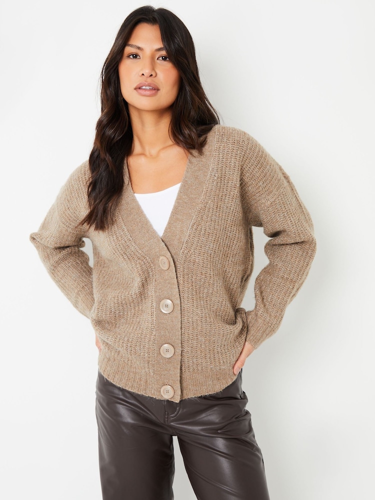 Threadbare Brown Button Up V-Neck Chunky Knit Cardigan - Image 1 of 5