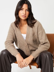 Threadbare Brown Button Up V-Neck Chunky Knit Cardigan - Image 3 of 5