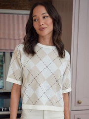 Threadbare Natural 100% Cotton Argyle Short Sleeve Knitted T-Shirt - Image 1 of 4