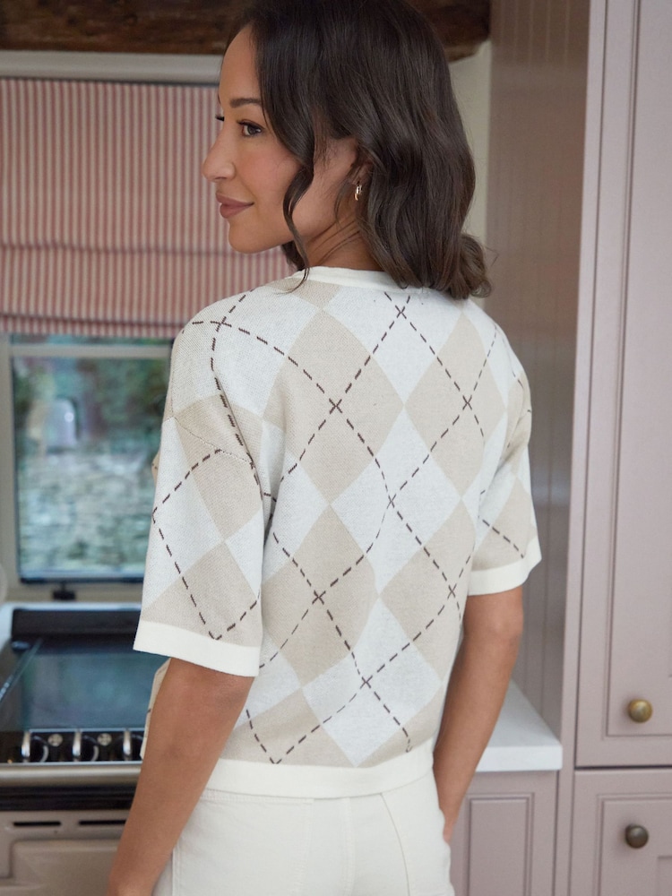 Threadbare Natural 100% Cotton Argyle Short Sleeve Knitted T-Shirt - Image 2 of 4