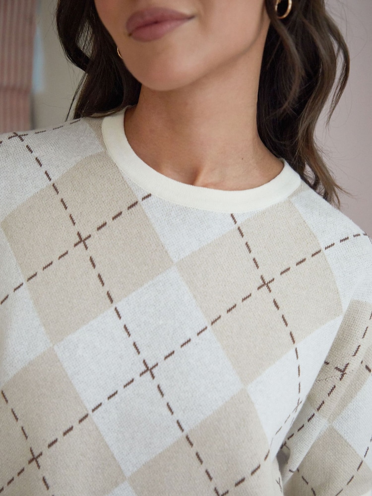 Threadbare Natural 100% Cotton Argyle Short Sleeve Knitted T-Shirt - Image 4 of 4
