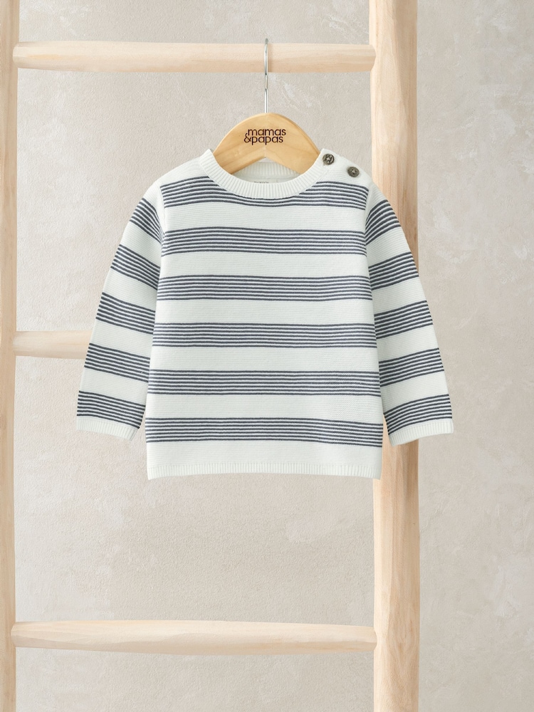 Mamas & Papas Stripe Knit 100% Cotton White Jumper - Image 1 of 3