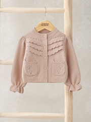 Mamas & Papas Pink Embroidered 100% Cotton Cardigan with Scallop Design - Image 1 of 3
