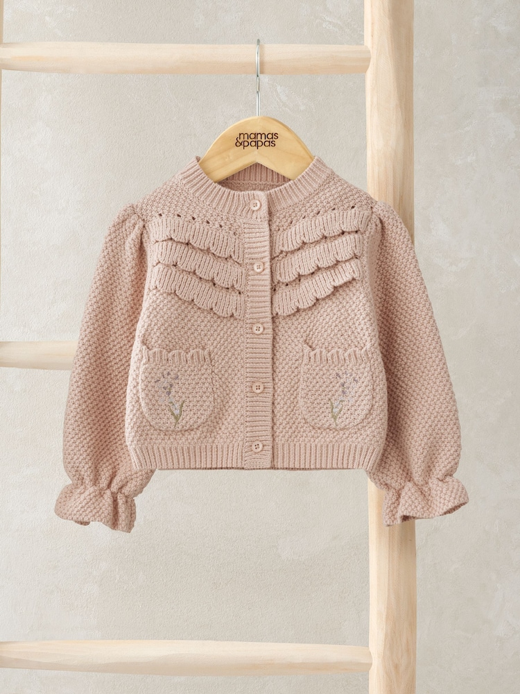 Mamas & Papas Pink Embroidered 100% Cotton Cardigan with Scallop Design - Image 1 of 3