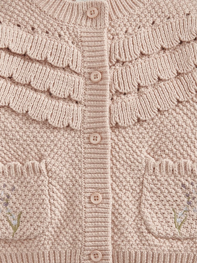 Mamas & Papas Pink Embroidered 100% Cotton Cardigan with Scallop Design - Image 3 of 3