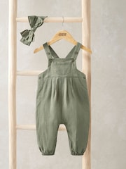 Mamas & Papas Green Dungaree and Bow 100% Cotton Headband Set - Image 5 of 9
