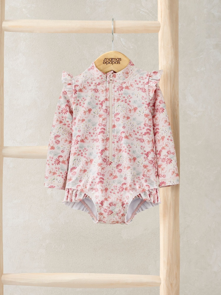 Mamas & Papas Pink Floral Print Long Sleeve Swimsuit - Image 1 of 3