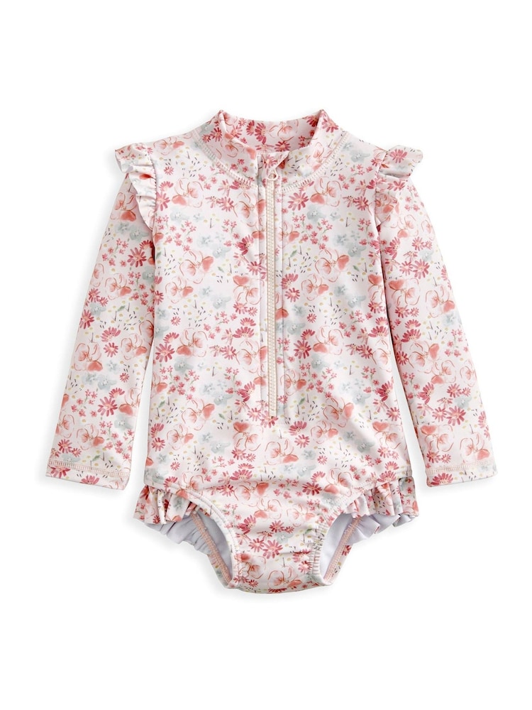 Mamas & Papas Pink Floral Print Long Sleeve Swimsuit - Image 2 of 3